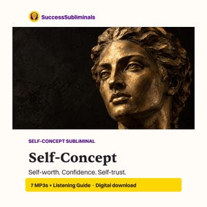 以下が含まれることがあります： SuccessSubliminals Self-Conceptというタイトルのデジタルダウンロード製品で、ブロンズ調の人の頭部の彫刻が描かれています。テキストには、Self-Concept Subliminal、Self-Concept、Self-worth. Confidence. Self-trust.、7 MP3s + Listening Guideと書かれています。