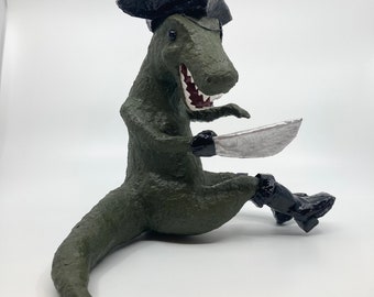 Paper Mache Pirate Dinosaur, Sculpture, T-Rex, Paper Mache Animal, Animal Sculpture