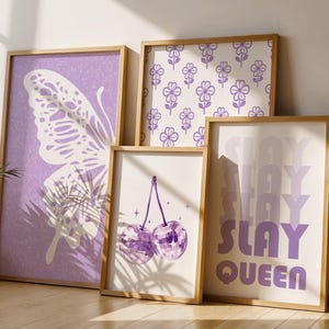 Juego de 4 láminas de niñas, arte mural imprimible, decoración de dormitorio para niñas, pósteres para niñas, láminas moradas para adolescentes.