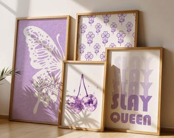 Lot de 4 impressions pour filles, art mural imprimable, art mural filles, impressions preppy, décoration de chambre de filles, posters pour filles, impressions violettes pour adolescents