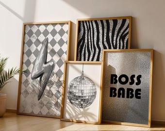 Lot de 4 posters à imprimer pour chambre d'ado, décoration de chambre d'ado, décoration de chambre de fille, impression de chambre noire, art mural de fille, impression preppy, impression de chambre de fille