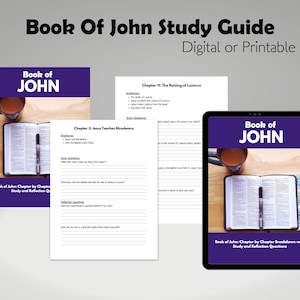 May include: A digital or printable study guide for the Book of John in the Bible. The guide features chapter breakdowns with study and reflection questions. The image shows a tablet displaying the guide, a cup of coffee, and an open Bible.