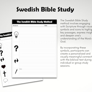 May include: Black and white printable worksheet with the title "The Swedish Bible Study Method". The worksheet includes a section for scripture, date, and notes. It also features a list of symbols, including a lightbulb, question mark, arrows, a heart, a cross, and a speech bubble.