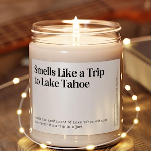 Customizable Lake Tahoe Gift, Smells Like Trip To Lake Tahoe Candle Surprise Trip Reveal Birthday Travel Bachelorette Wedding Favor Keepsake