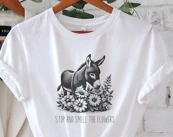 Cute Floral Donkey Shirt, Stop And Smell The Flowers Tshirt, Farm Animal, Donkey, Flower Lover Gift, Zen, Meditation Shirt