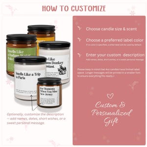 May include: A collection of custom-labeled candles in glass jars with black lids. The labels feature text like "Smells Like a Trip to Paris" and "For Moments When You Miss New Jersey." The image also includes instructions for customization, making it a personalized gift.