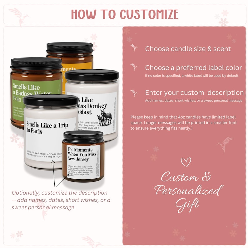 May include: A collection of custom-labeled candles in glass jars with black lids. The labels feature text like "Smells Like a Trip to Paris" and "For Moments When You Miss New Jersey." The image also includes instructions for customization, making it a personalized gift.