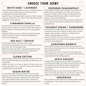 Op de afbeelding: Een productbeschrijvingskaart met de titel "CHOOSE YOUR SCENT" geeft verschillende geurprofielen weer. Geuren zijn onder meer White Sage + Lavender, Cinnamon Vanilla, Sea Salt + Orchid, Clean Cotton, Ocean Water, Peppered Passionfruit, Coconut Cream + Cardamom, Christmas Warmth, Apple Harvest en Unscented.