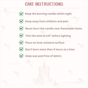 May include: A light pink graphic with candle care instructions. Text includes: Keep the burning candle within sight, keep away from children and pets, trim the wick to 1/4" before lighting, and more. A candle illustration is at the bottom.