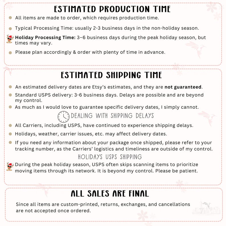 Op de afbeelding: Een afbeelding met tekst die de geschatte productie- en verzendtijden beschrijft. Er staat dat artikelen op bestelling worden gemaakt, met productietijden van 2-3 werkdagen, of 3-6 tijdens de feestdagen. Verzendtijden zijn geschat, niet gegarandeerd, met mogelijke vertragingen.
