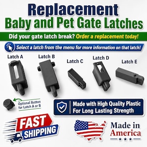 May include: A collection of five black plastic replacement latches for baby and pet gates, labeled Latch A through Latch E, including an optional button for Latch A or B. The image features text including Replacement Baby and Pet Gate Latches.