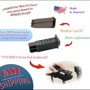 May include: A gray plastic latch replacement for a baby gate. The latch is labeled "TOP" and is made in the USA. It is a stronger version than the original and fits Frisco and InnoTruth handles. The image also shows a broken latch on a baby gate.