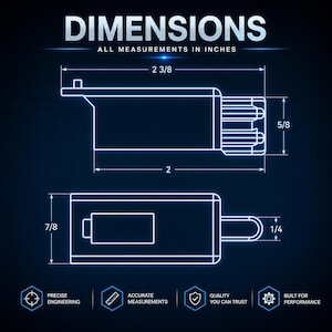 May include: Technical drawing of a rectangular object with dimensions labeled in inches. The drawing shows top and side views, with measurements including 2 3/8 inches, 2 inches, 5/8 inches, 7/8 inches, and 1/4 inch. Text includes "Dimensions" and "All measurements in inches."