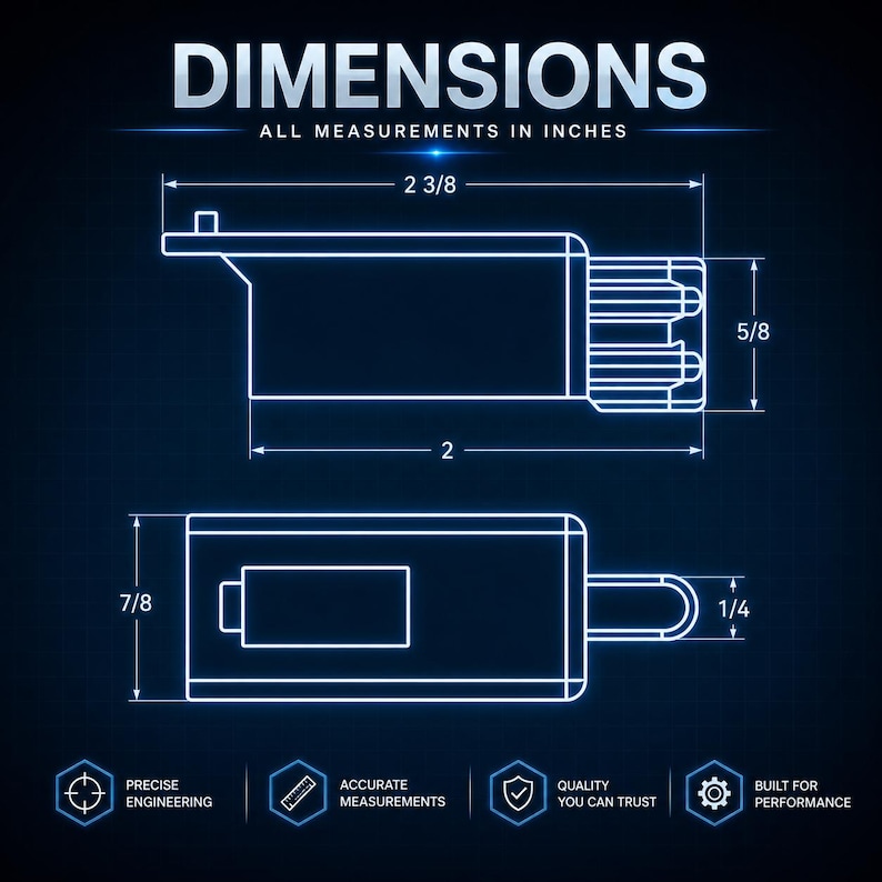 May include: Technical drawing of a rectangular object with dimensions labeled in inches. The drawing shows top and side views, with measurements including 2 3/8 inches, 2 inches, 5/8 inches, 7/8 inches, and 1/4 inch. Text includes "Dimensions" and "All measurements in inches."