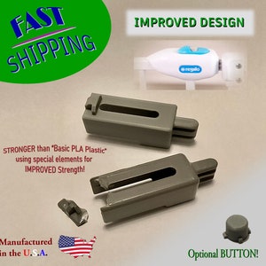 May include: Image of gray plastic components, including two rectangular pieces with slots and a small, round button. Text reads "IMPROVED DESIGN" and "STRONGER than Basic PLA Plastic." The product is manufactured in the U.S.A.