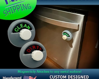 May include: A gray, 3D-printed dishwasher dial with a white knob. The dial has "CLEAN" in green and "DIRTY" in red. The text "The Dishwasher Dial" is at the top. The dial magnetically attaches to metal surfaces. Made in the U.S.A.