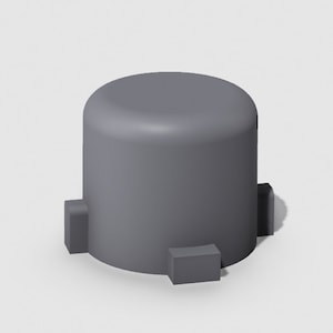 May include: A gray, cylindrical object with a rounded top and three rectangular protrusions at the base. The object is a solid, monochromatic design, likely a component or part.