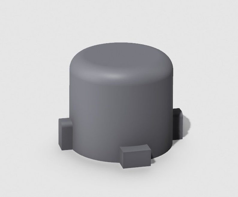 May include: A gray, cylindrical object with a rounded top and three rectangular protrusions at the base. The object is a solid, monochromatic design, likely a component or part.
