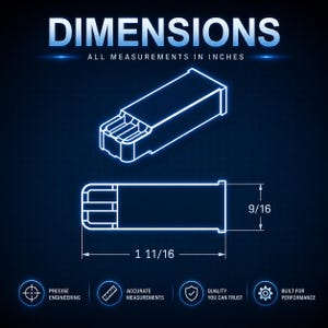 May include: Diagram of a rectangular electrical connector with dimensions in inches. The text reads "DIMENSIONS" and "ALL MEASUREMENTS IN INCHES". The connector is 1 11/16 inches long and 9/16 inches wide. Additional text includes "PRECISE ENGINEERING", "ACCURATE MEASUREMENTS", "QUALITY YOU CAN TRUST", and "BUILT FOR PERFORMANCE".