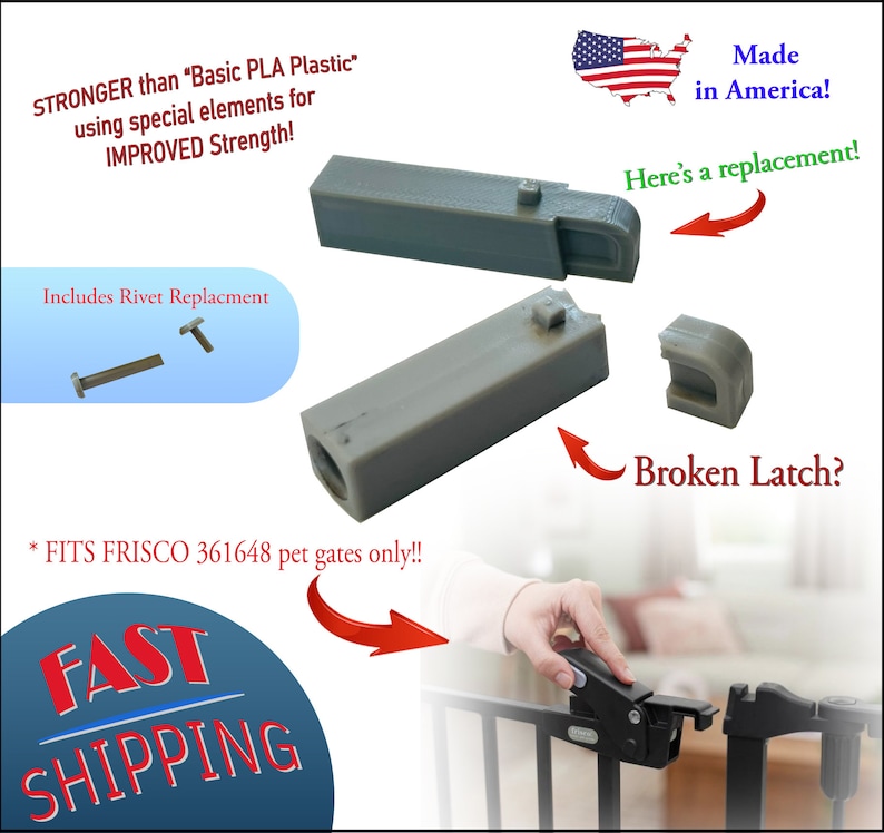 May include: Gray plastic pet gate latch replacement parts. The image shows the replacement parts, including a rivet replacement, with the text "Here's a replacement!" and "Broken Latch?" The text also says "Made in America!"