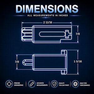 May include: Diagram showing dimensions in inches of a rectangular object. The text "DIMENSIONS" and "ALL MEASUREMENTS IN INCHES" are at the top. The object is 2 11/16 inches long, 7/8 inches wide, and 1 5/16 inches high. The bottom of the image has icons and text.