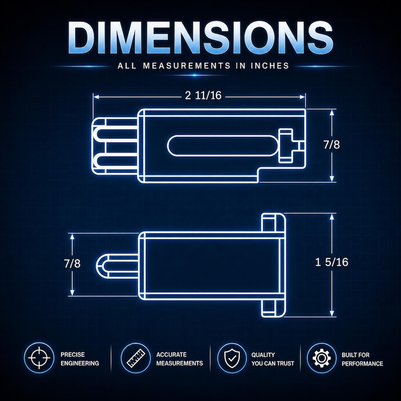 May include: Diagram showing dimensions in inches of a rectangular object. The text "DIMENSIONS" and "ALL MEASUREMENTS IN INCHES" are at the top. The object is 2 11/16 inches long, 7/8 inches wide, and 1 5/16 inches high. The bottom of the image has icons and text.