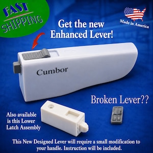 May include: A white plastic replacement lever labeled Cumbor with a grey sliding button, accompanied by a separate white lower latch assembly and a small grey rectangular component, all displayed against a blue background with instructional text.