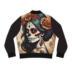 Chaqueta bomber con calavera de azúcar para mujer, estilo vintage del Día de los Muertos, ropa de abrigo de moda, abrigo con estampado retro de calavera