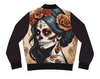 Chaqueta bomber con calavera de azúcar para mujer, estilo vintage del Día de los Muertos, abrigo de moda, abrigo con estampado retro de calavera.