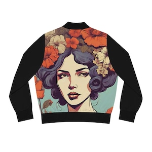 Women&#39;s Vintage Floral Bomber Jacket, Women&#39;s Spring Fashion Outerwear, Floral Print Jacket