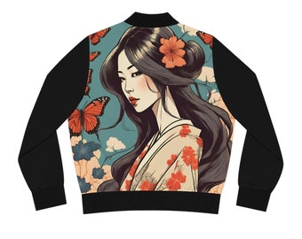 Floral Geisha Bomber Jacket: Asian Inspired Butterfly Outerwear