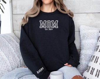 Custom Mom Est. Kid's Name on Sleeve Cozy Sweatshirt, Personalized Mother's Day Gift, New Mom Gift