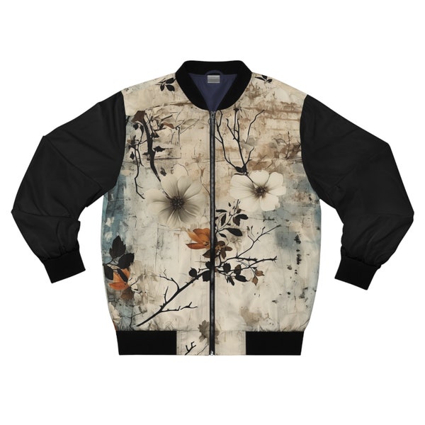 Men's Floral Bomber Jacket Streetwear, Grunge Style Coat, Flower Print Outerwear, Trendy Urban Fashion