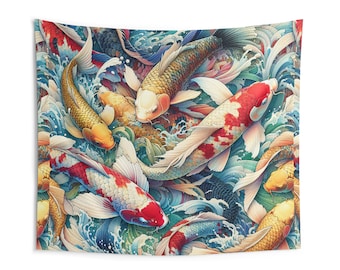 Tapiz de peces koi asiáticos: tapiz japonés, arte mural colorido