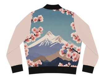 Trendy Women's Japanese Inspired Bomber Jacket, Floral Print Outerwear, Spring Fashion Coat, Eye-catching Design
