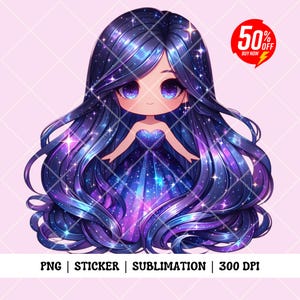 Galaxy Chibi Princess PNG: Glitter Fantasy Doll Sticker (Digital Download)