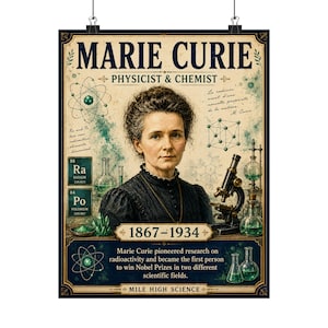 May include: A poster featuring a portrait of Marie Curie with the text Marie Curie, Physicist & Chemist, 1867-1934, and Mile High Science. The design includes scientific illustrations of atoms, chemical structures, a microscope, and glassware.