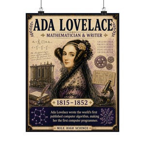 Peut inclure: Une affiche présentant un portrait d'Ada Lovelace, intitulée Mathematician & Writer, avec les dates 1815-1852. Elle comprend des formules mathématiques, du code binaire, une illustration de moteur mécanique, un microscope et un texte sur son rôle.