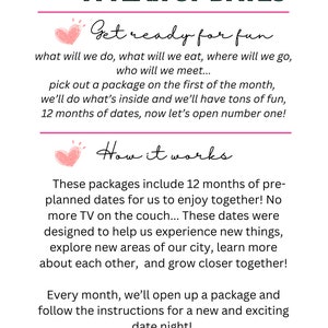 May include: A pink and white graphic with the text "Welcome to A YEAR OF DATES" and "Get ready for fun". The graphic also includes text about 12 months of dates and how it works.