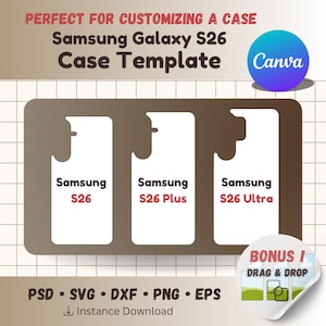Puede incluir: Plantilla marrón para carcasas de teléfonos Samsung Galaxy S26, S26 Plus y S26 Ultra. El diseño presenta recortes blancos para cada modelo de teléfono, con los nombres en rojo. Incluye el logotipo de Canva y opciones de formato de archivo.