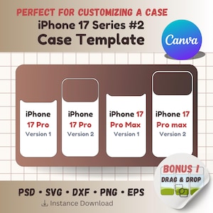 May include: A digital template for iPhone 17 series cases featuring four white rectangular outlines labeled iPhone 17 Pro Version 1, iPhone 17 Pro Version 2, iPhone 17 Pro Max Version 1, and iPhone 17 Pro Max Version 2 on a brown background with grid lines.