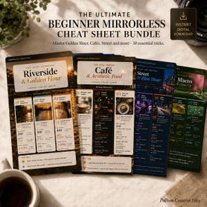 May include: A bundle of photography cheat sheets titled "The Ultimate Beginner Mirrorless Cheat Sheet Bundle." The cards cover topics like Golden Hour, Cafés, and Street photography. Each card features settings references and pro tips for mirrorless cameras.