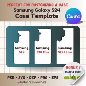以下が含まれることがあります： Samsung Galaxy S24、S24 Plus、S24 Ultra 用の電話ケーステンプレート3つ。テンプレートは、ターコイズブルーの背景に白いアウトラインで描かれています。「Samsung S24」、「Samsung S24 Plus」、「Samsung S24 Ultra」のテキストは、各テンプレートに白で書かれています。画像の上部には、「ケースのカスタマイズに最適」というテキストが赤で書かれています。電話テンプレートの下には、「ケーステンプレート」というテキストが白で書かれています。画像の右上には、紫、青、白の円の中に「Canva」というテキストが書かれています。画像の下部には、「PSD SVG DXF PNG EPS」というテキストが白で書かれています。ファイルタイプのすぐ下には、「インスタンスダウンロード」というテキストが白で書かれています。緑と青の風景画像が描かれた白いステッカーに、「ボーナス！ドラッグアンドドロップ」というテキストが白で書かれています。ステッカーは画像の右下隅にあります。