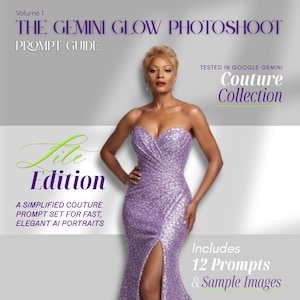 Op de afbeelding: Een vrouw in een sprankelende lavendelkleurige strapless jurk met een hoge split, poseert voor een fotoshoot. De afbeelding is een promotionele afbeelding voor de "The Gemini Glow Photoshoot" promptgids, "Lite Edition" met 12 prompts en voorbeeldafbeeldingen.