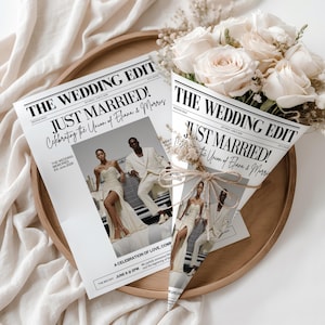 Modello di giornale di nozze modificabile, stampabile su Canva 11x17 e 8,5x11, annuncio di nozze mobile