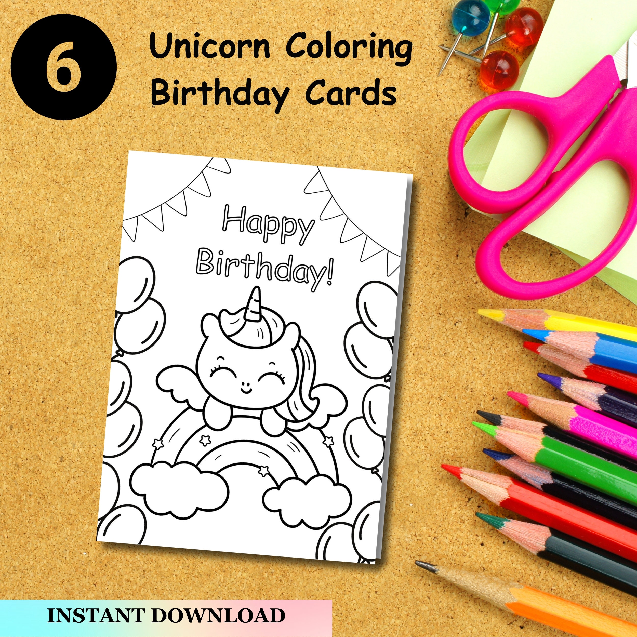 Unicorn Coloring Birthday Card for Kids 6 Unicorn Birthday Etsy