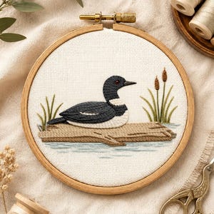 Patrón de bordado a mano preimpreso de pájaro colimbo / Diseño de lago natural / Transferencia lavable, pegable y con puntada / Apto para principiantes