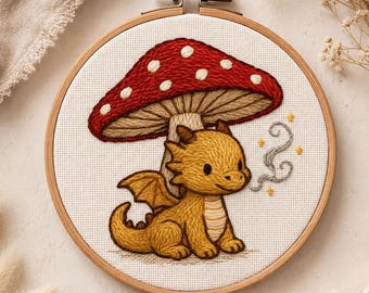 きのこをあしらったベビードラゴンの手刺繍パターン｜スティック＆ステッチ転写｜ファンタジーな子供部屋の装飾クラフトデザイン