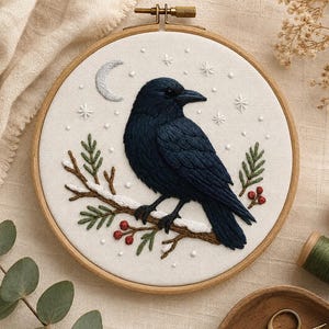 Winter Raven Stick and Stitch Embroidery Transfer | Pre-Printed Snowy Bird Hand Embroidery Pattern