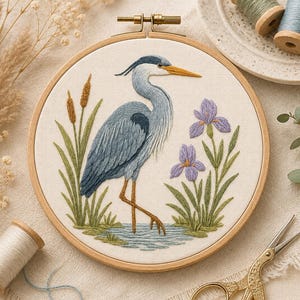 Patrón de bordado a mano preimpreso de garza azul / Diseño de pájaro botánico / Transferencia lavable, para pegar y coser / Apto para principiantes